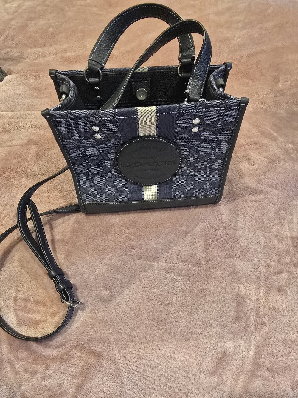 Coach Navy Signature Canvas Crossbody with Cream Stripe
